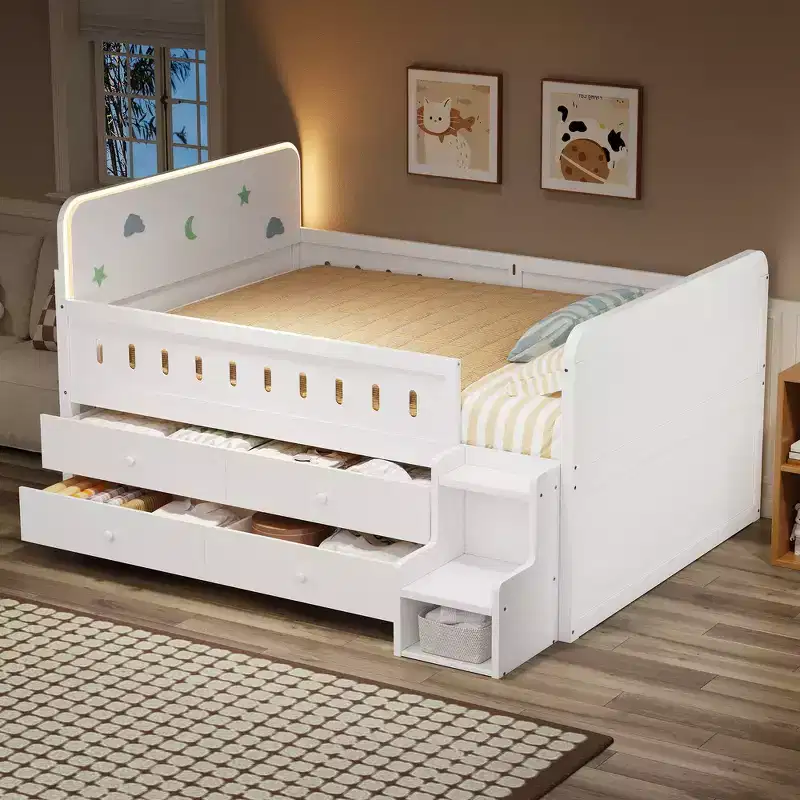 Full Size Solid Wood Bed Frame with LED Lighting & 4 Storage Drawers