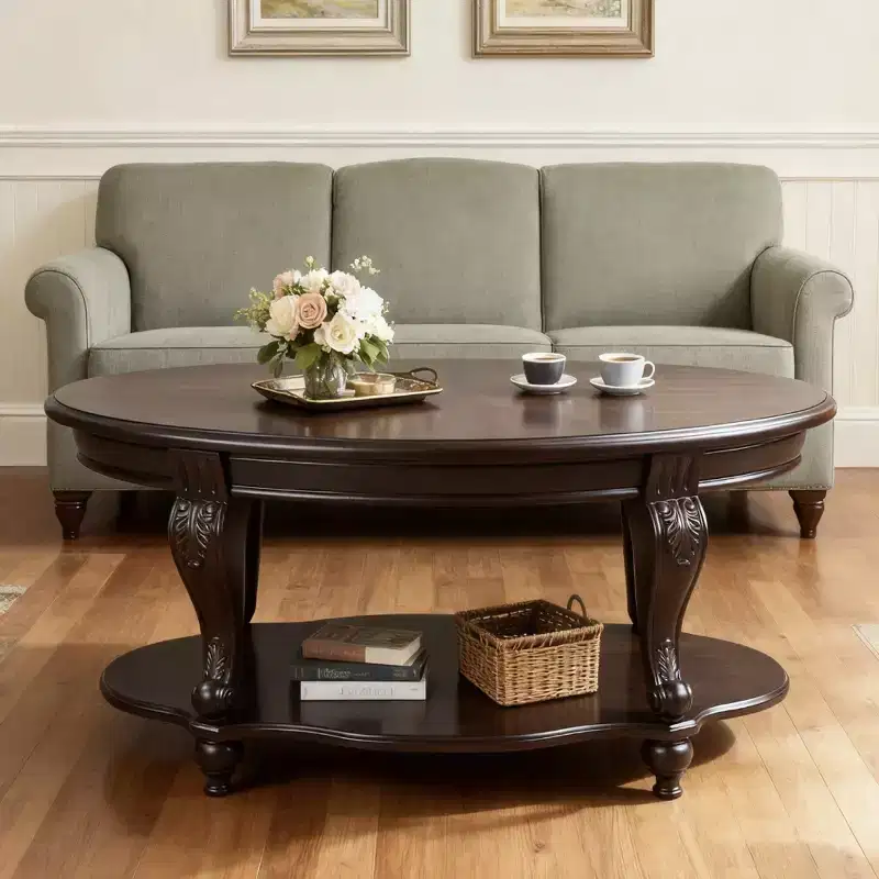 42'' oval wood coffee table with 2 - Tiers and Open Storage Shelf for Living Room, Espresso