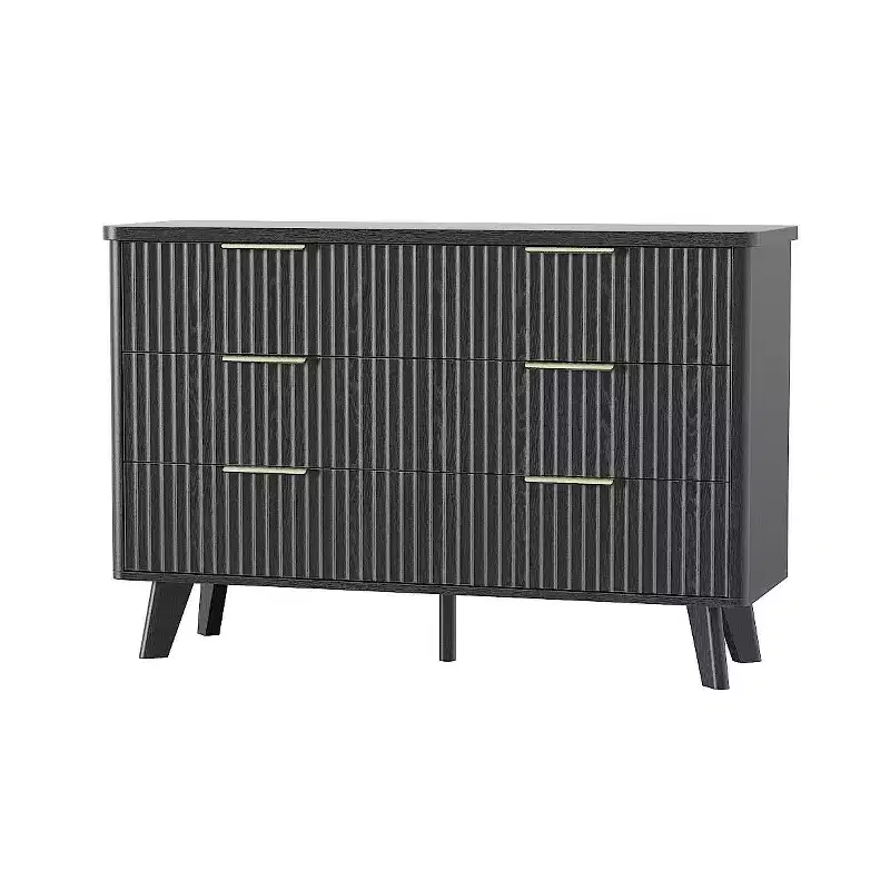 Fluted 6 Drawers Dresser, 47.2 Wide Modern Chest of Drawers with Metal Handle, Curved Profile Dresser TV Stand, Wooden Drawer Organizer for Bedroom
