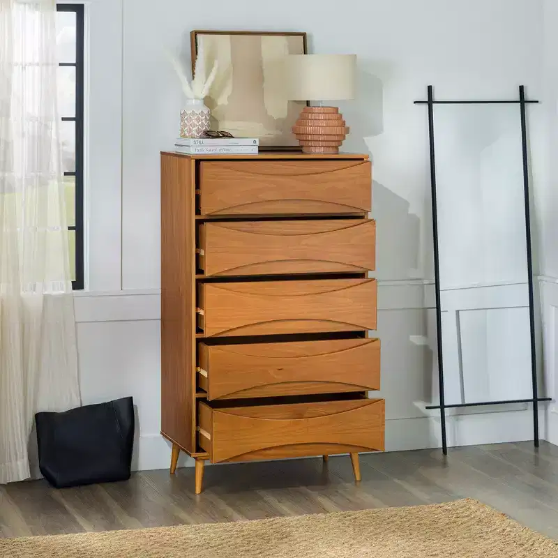 Walker Edison Mid Century Modern Contoured 5 Drawer Chest of Drawers