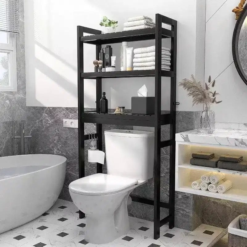 Over Toilet Storage Shelf 3 Tier Above Toilet Organizer Rack with 3 Hooks Freestanding Bathroom Tower Shelf Unit Small Space
