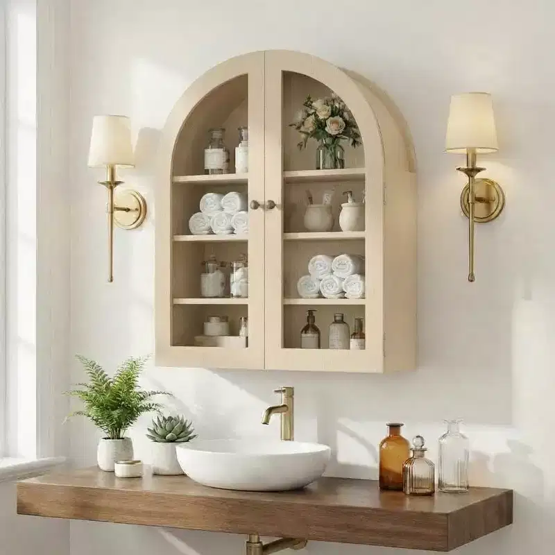 Arched Wall Mounted Bathroom Cabinet with Glass Doors, Rustic Wood Medicine Cabinet with Adjustable Shelves, Over Toilet Storage Cabinet for Bathroom