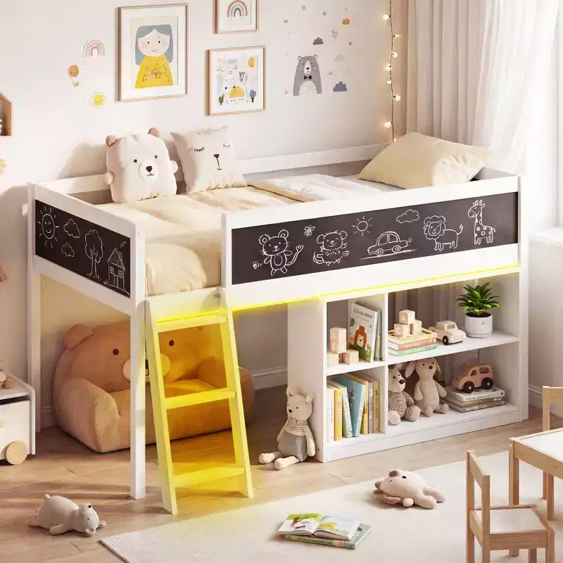 Costway Kids Loft Bed w/LED Lights Chalkboard & Removable Bookcase Safety Guardrail