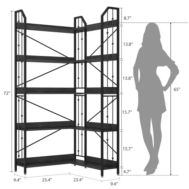 Garvee Corner Bookshelf Industrial Corner Bookcase, l Shaped Bookshelf 5 Tier/7 Tier Corner Shelf with Beaded Design and Adjustable Feet