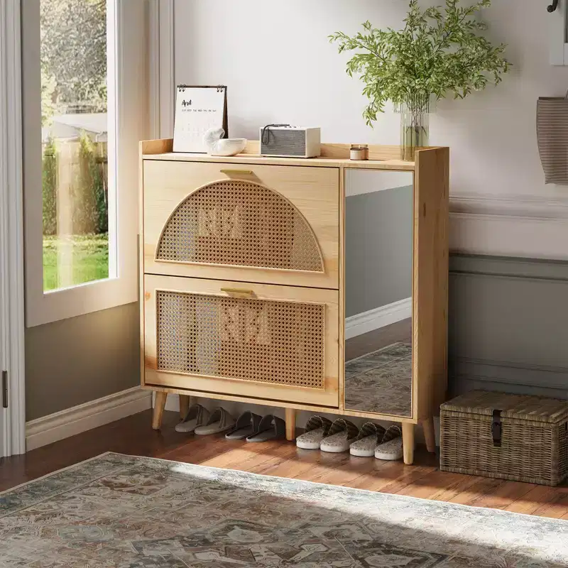 Shoe Storage Cabinet With 2 Flip Drawers, Hidden Shoe Rack Cabinet with Mirror, Freestanding Shoe Storage Organizer for Hallway Living Room