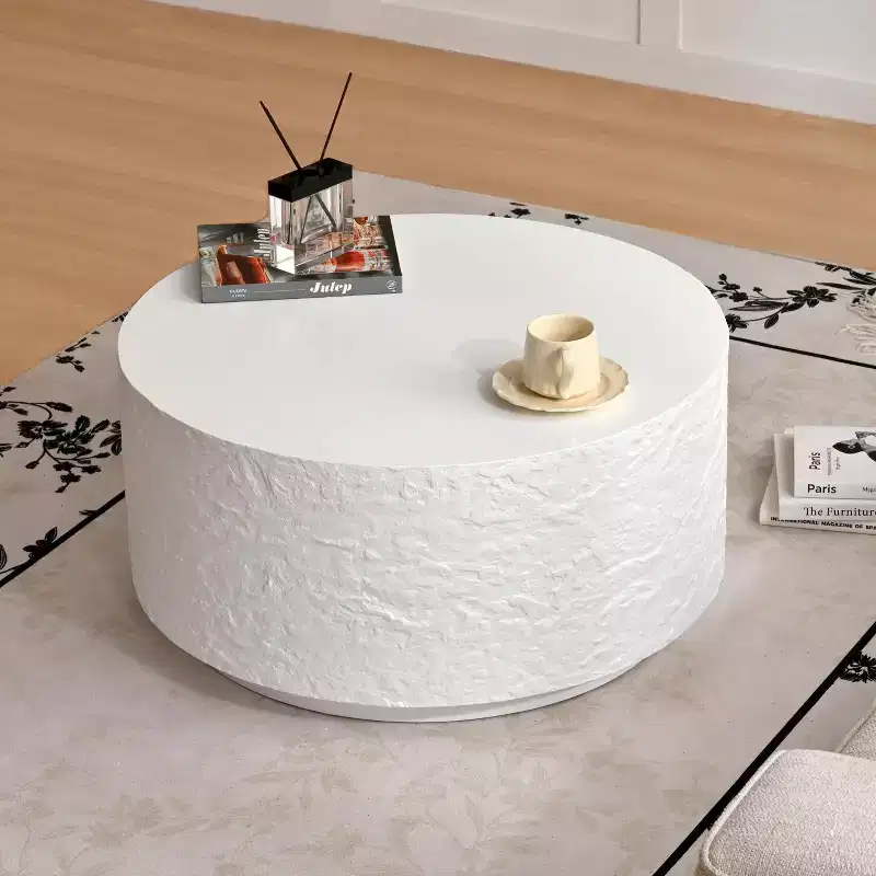 Round Coffee Table Cocktail Table Drum Center Table Sofa Side Table Accent Table with Imitation Stone Design, White, No Assembly Needed