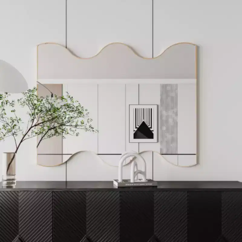 Golden 30x35 Rectangular Wall Mirror with Wavy Metal Frame for Bathroom, Living Room, Bedroom