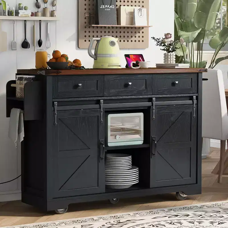 Okak Kitchen Island with Power Outlet, Kitchen Cart with 2 Sliding Barn Doors, Drop Leaf and Spice Rack, Rolling Kitchen Island for Kitchen