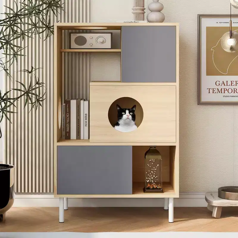 2 in 1 Bookshelf Cat Tree Display Case Cat Litter Box Enclosure Climbing Shelf Bookcase Storage Rack, Natural