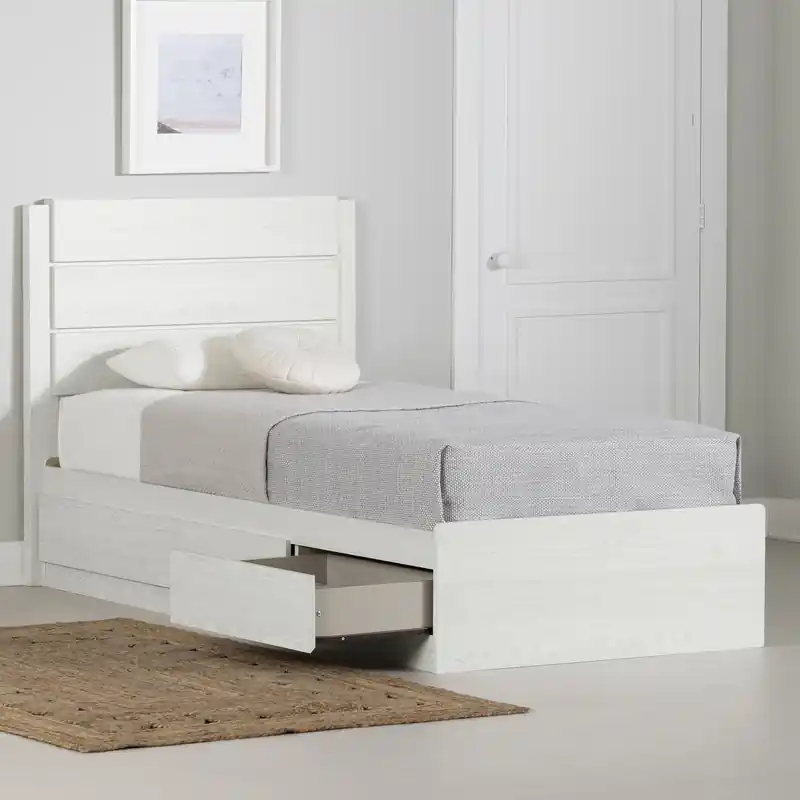 Bed With 3 Drawers And Headboard - White Pine