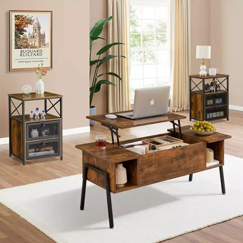 VECELO 42 in. Lift Top Coffee Table and 2 Nightstands, Hidden storage compartment & 2 Storage Shelves, End/Side Table with Door, Brown