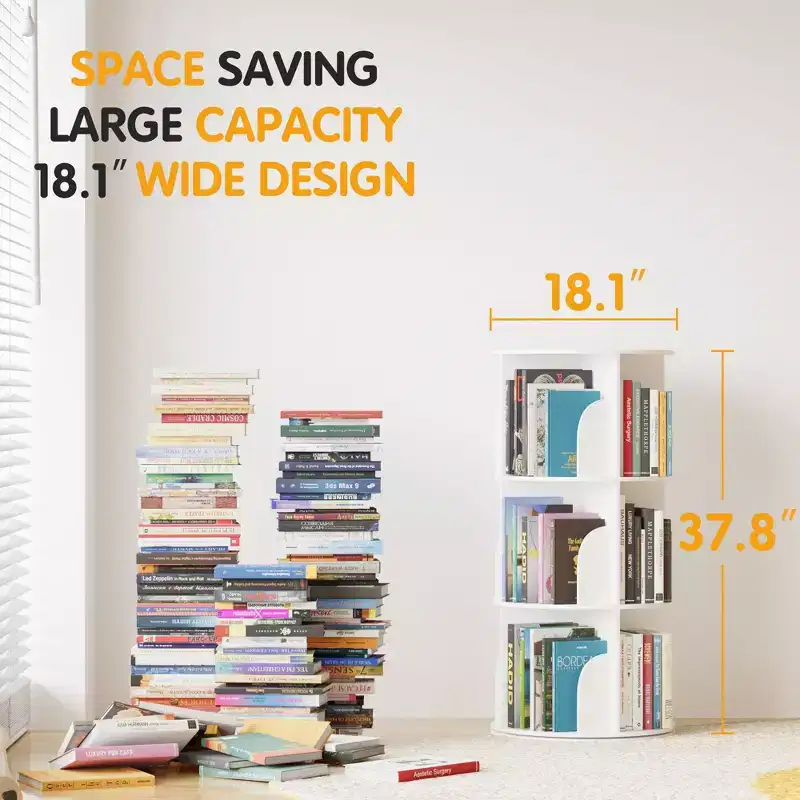 Rotating Bookshelf, Vertical 360 Spinning Shelf Organizer, Space-Saving Round Tower, White-SpaceAid