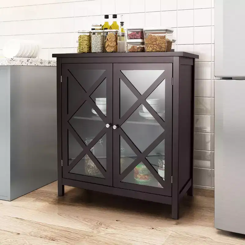 Costway Kitchen Buffet Sideboard Storage Cabinet w/Glass Doors & Adjustable Shelf White\Brown