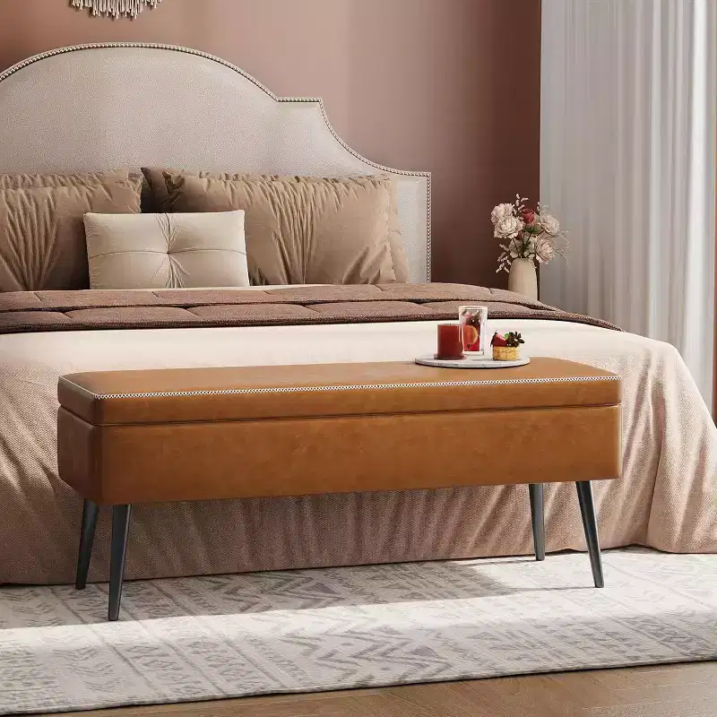 Storage Ottoman Bench with Faux Leather Upholstery, 47.8 Inch