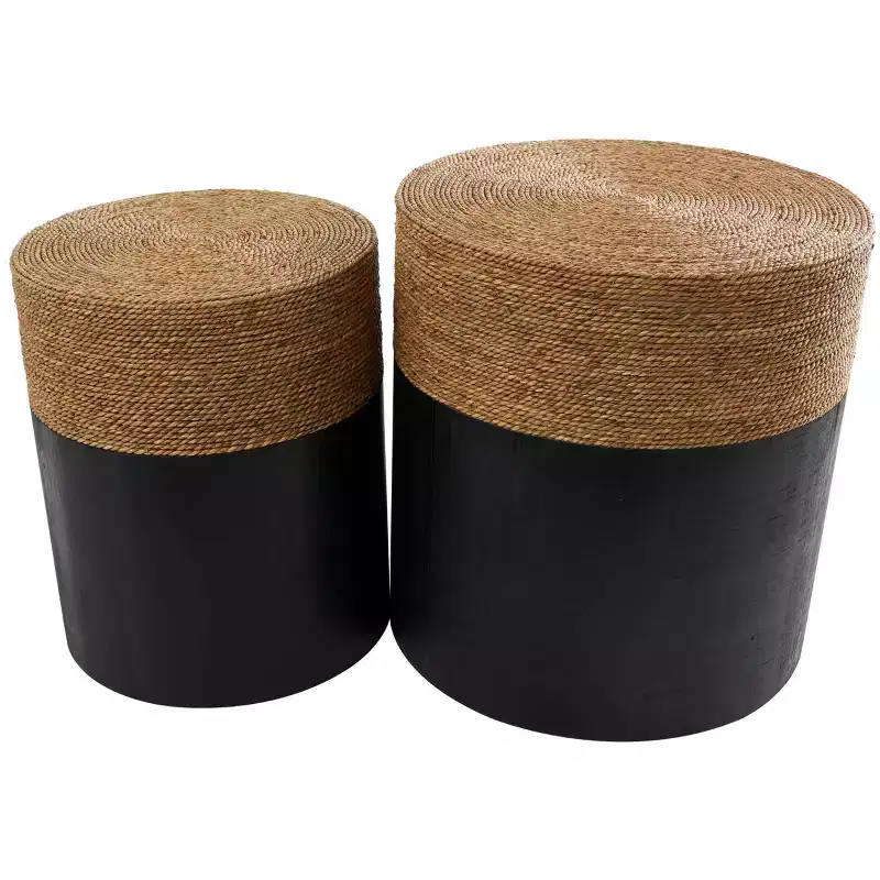 Wood Handmade Colorblock Wrapped Accent Table with Dried Plant Tabletops Black