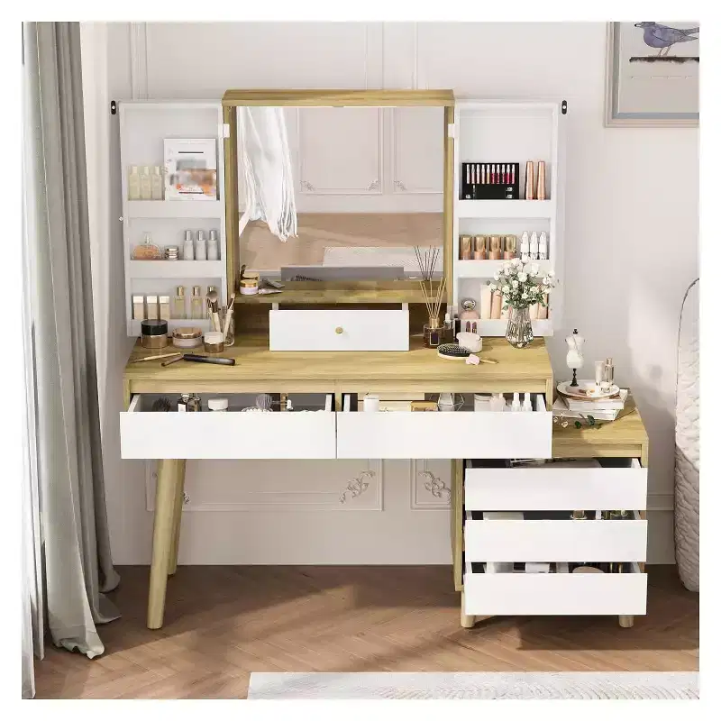 Makeup Vanity Desk with LED Mirror – 3 Color Modes, 6 Drawers & Open Shelves, Hidden Storage