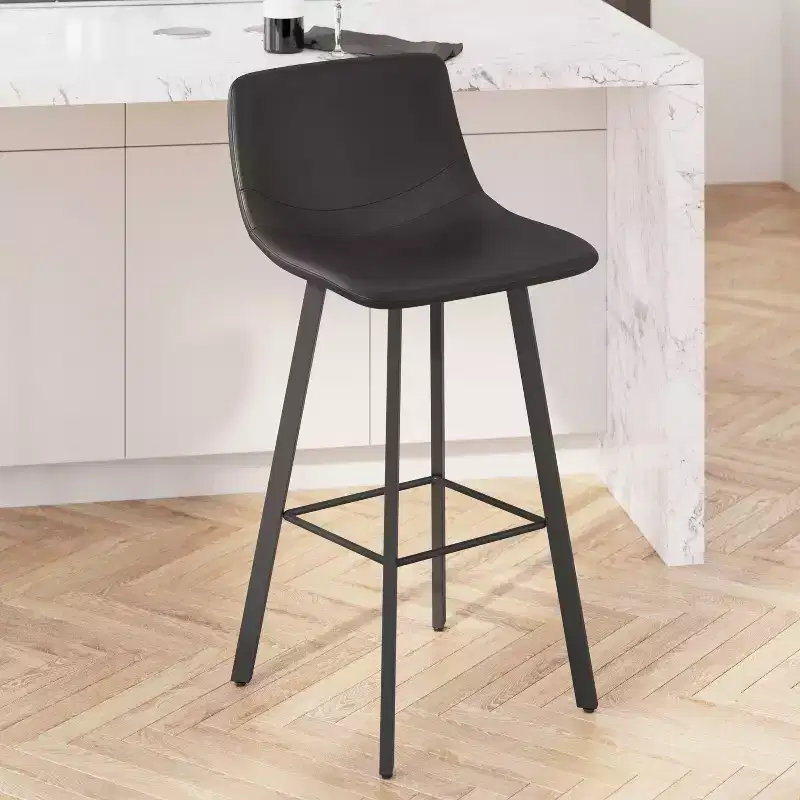 Merrick Lane Set of 2 Modern Upholstered Stools with Contoured, Low Back Bucket Seats and Iron Frames