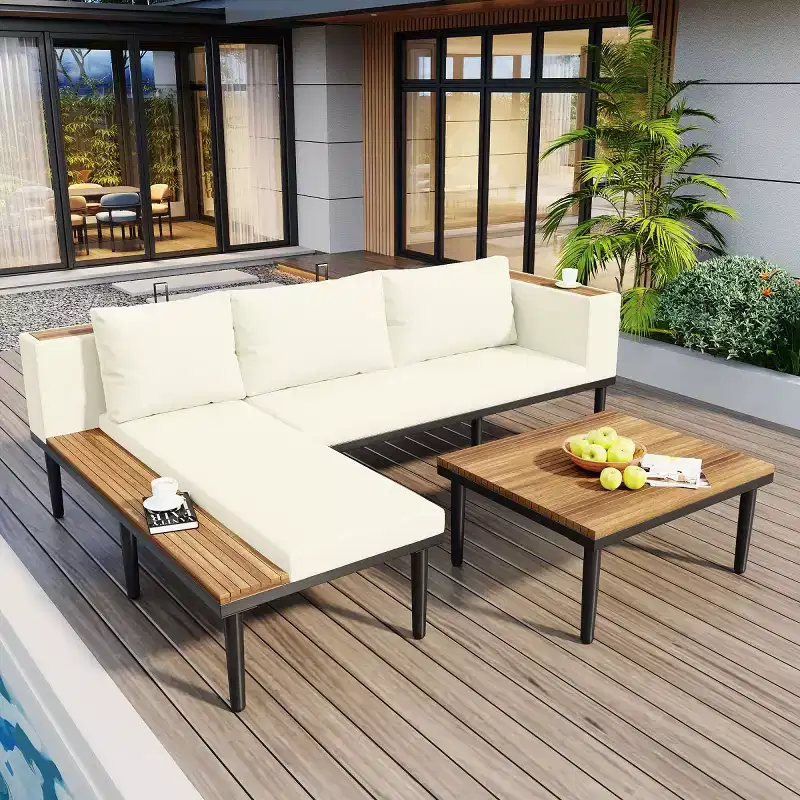 4-Piece L-Shaped Patio Sectional Sofa Set, Acacia Wood Outdoor Furniture with Cushions, Coffee Table for Garden, Porch, Backyard-Panipeachy