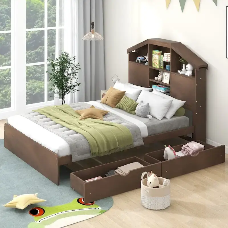 Walnut / Grey Pine Wood Twin Platform Bed with House-Shape Headboard, 5 Shelves and 2 Drawers for 1 Person