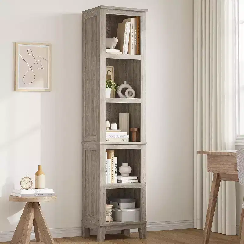 Acekool Narrow 5 Tier Bookcase, Rustic Farmhouse Storage Cabinet with Adjustable Shelves, Vintage Bookshelf for Living Room, Bedroom, Office