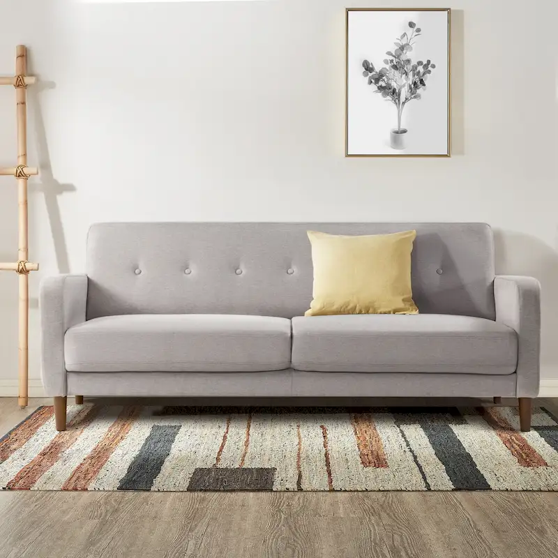 Tufted Linen Sofa with Armrest Pockets & Eucalyptus Wood Frame, High-Density Foam, 73
