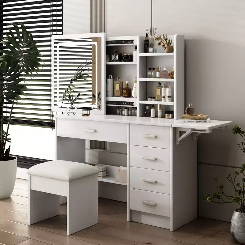 Modern 43.3 in Mirror Vanity Desk with Lights, 1 Chair, 5 Drawers and Open Shelves