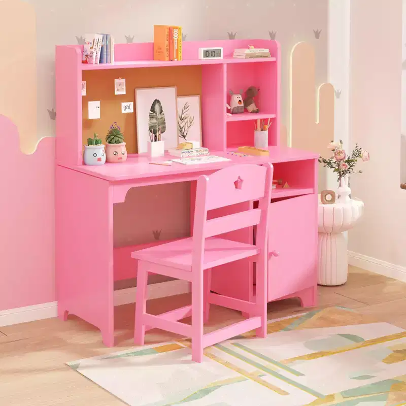 Ergonomic Kids Desk & Chair Set with Hutch & Storage Cabinet, Wooden Study Table for Children's Bedroom or Study Room