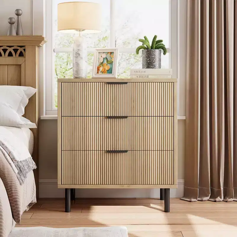 Dresser, Chest of Drawers - 29.9 Fluted Wood Grain 3-Drawer Organizer with Metal Legs & Anti-Tip Device