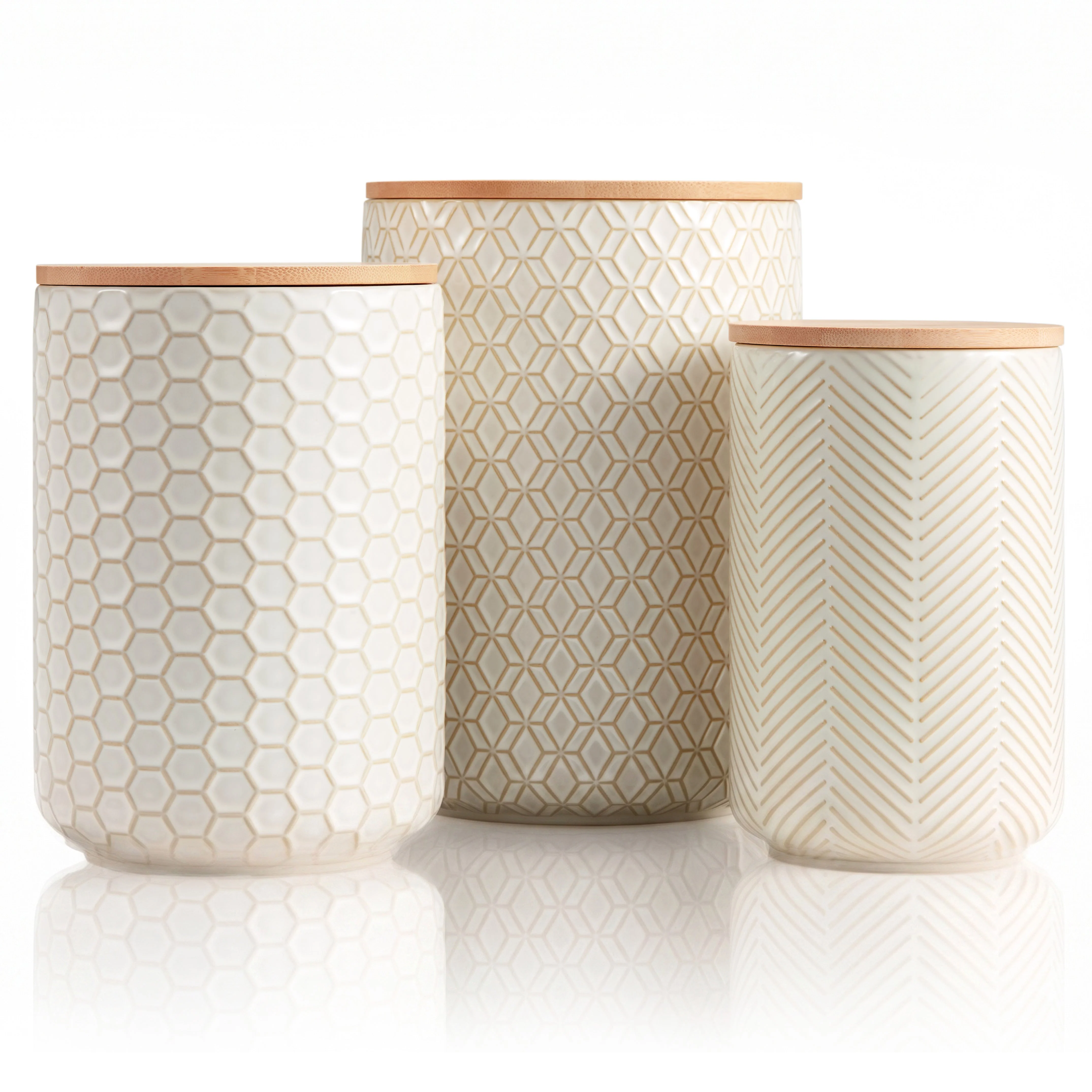 Embossed Ceramic Storage Containers, Set of 3, Ivory