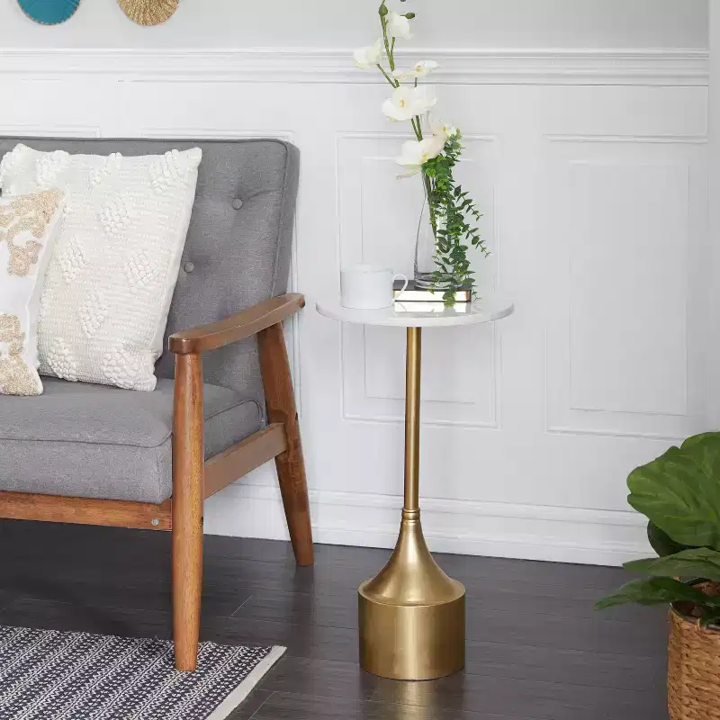 Contemporary Metal and Marble Pedestal Accent Table Gold
