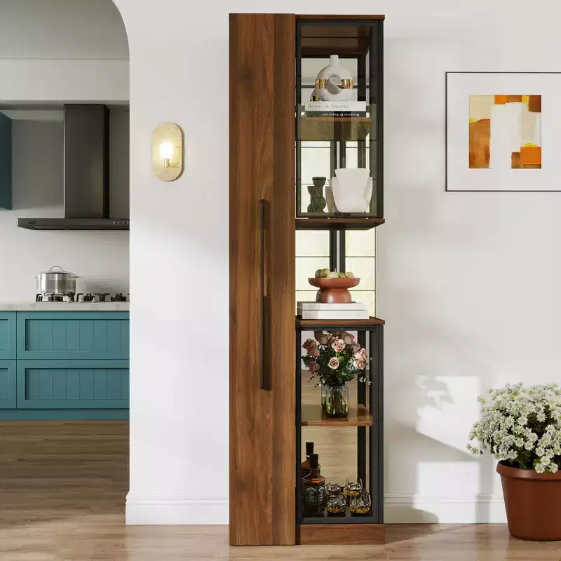 GDFStudio Genevieve Rustic Wooden 70 Display Cabinet with Glass Doors and Lights