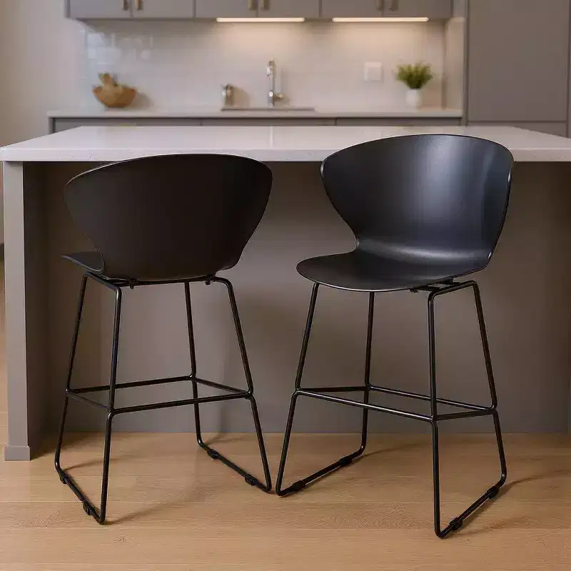 HomeRoots Set of Two 26 Black Heavy Duty Plastic and Metal Low Back Counter Height Bar Chairs