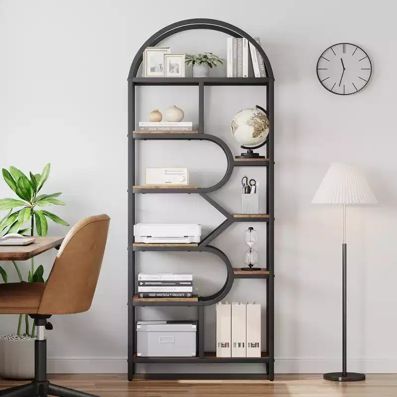 Garvee Bookshelf 6 Tier Arched Bookcase 81.7in Tall Display Racks Geometric Open Storage Shelf Unique Book Rack Metal Frame