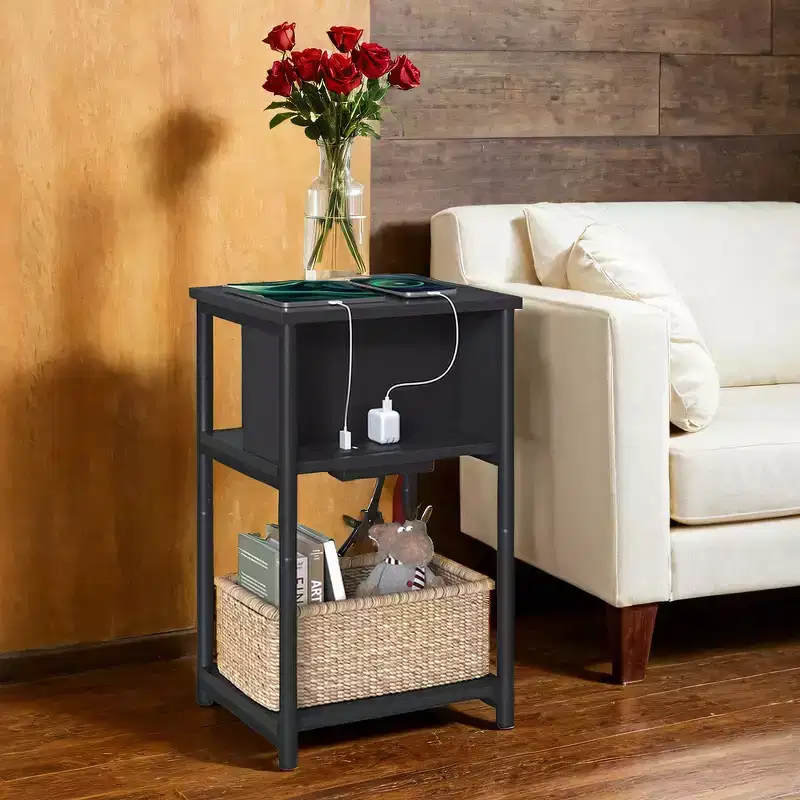 End Table with Built-in Charging Station 3-Tier Nightstand with USB Ports and Power Outlets Side Table for Living Room