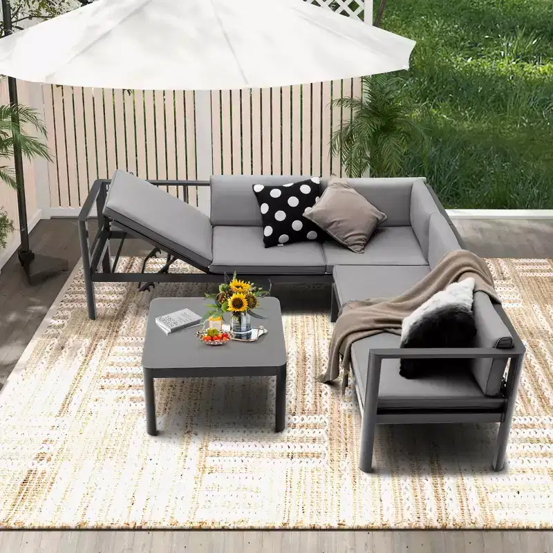 Costway 3PCS Patio Furniture Set Aluminum Lounge Adjust Back Recliner Sofa Table Cushion