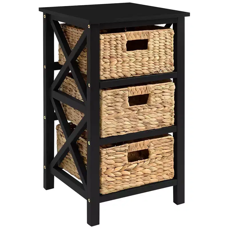 eHemco 3 Tier X-Side End Table Side Table Storage Cabinet with 3 Natural Water Hyacinth Wicker Baskets