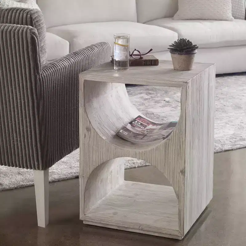 Hans 18 Wide Distressed Ivory Wood Side Table