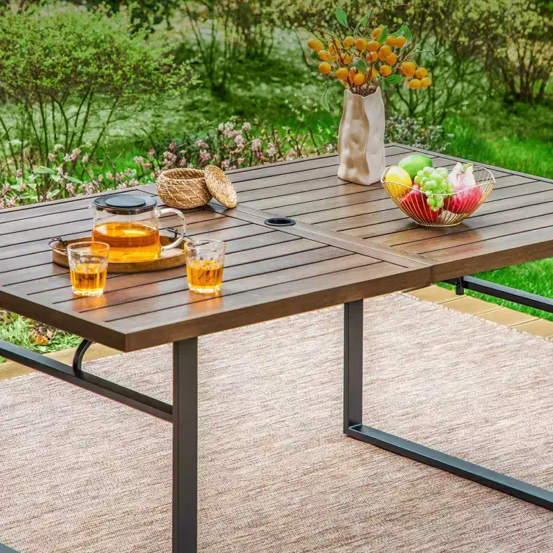 7pc Patio Dining Set with Faux Wood Rectangular Table with Umbrella Hole & Folding Reclining Chairs - Captiva Designs