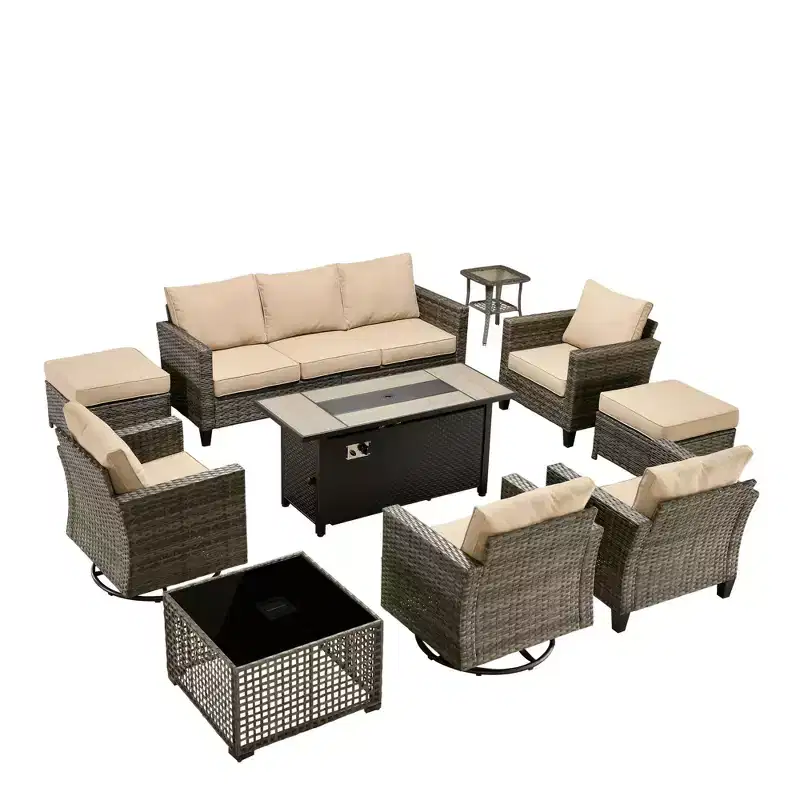 HOMLUX 10-Piece Patio Seating Bundle with 54 Fire Pit Table and Swivel Chairs Set