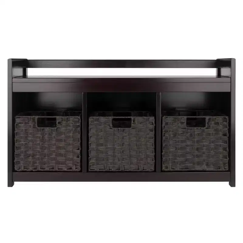 4pc Storage Bench with Baskets Espresso/Chocolate - Wood Entryway Organizer, Bedroom Ottoman