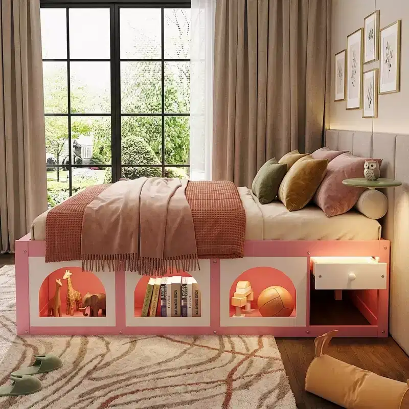 Polibi Wooden Platform Bed with Footboard Bookshelf, LED Display Cabinet & Storage Drawer