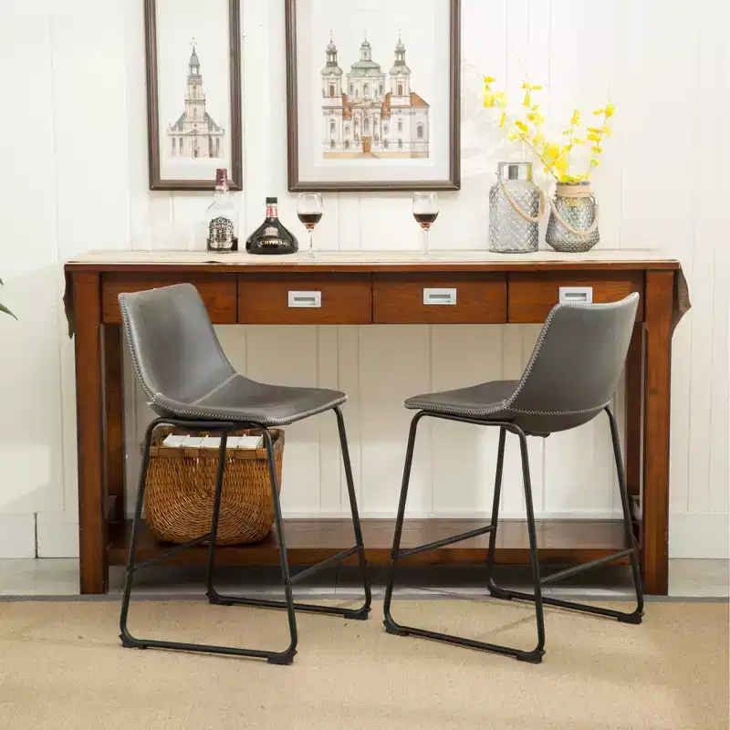 Roundhill Furniture Lotusville Vintage PU Leather Counter Height Stools, Antique Gray, Set of 2