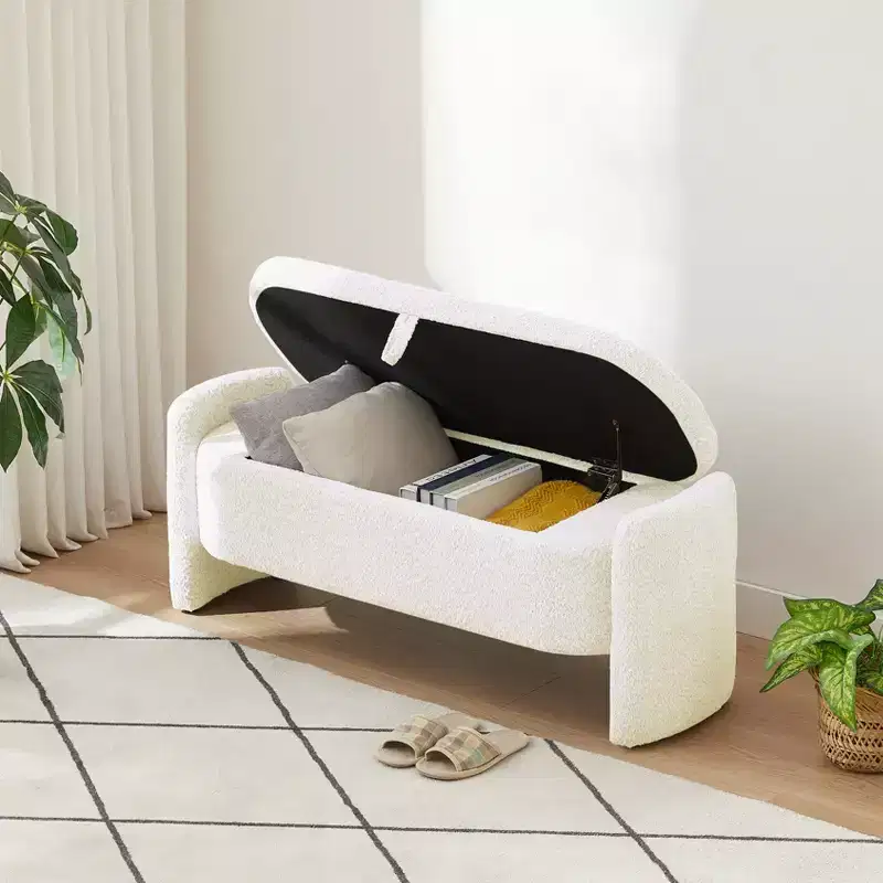 EHMKNP Ottoman Oval Storage Bench with 3D Lamb Fleece Fabric, Large Hidden Storage for Living Room, Entryway, Bedroom, Cozy Cream White Seat