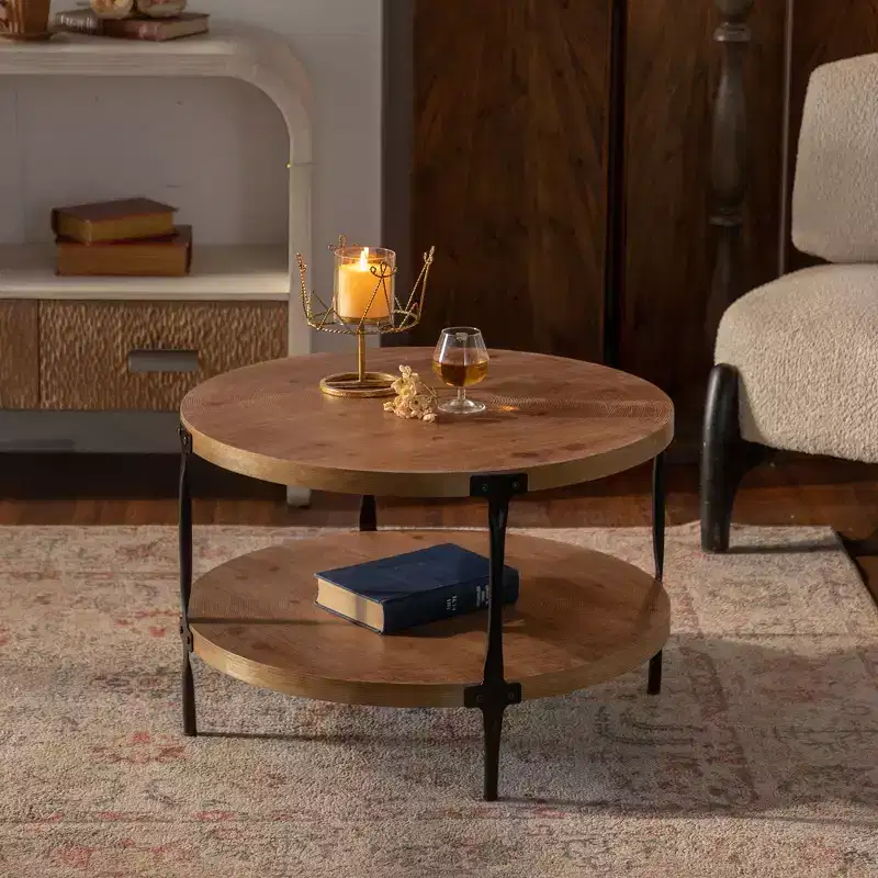 GDFStudio Bernie Modern Industrial Two-Tier Handcrafted Wood Round 30.71 Coffee Table with Metal Legs
