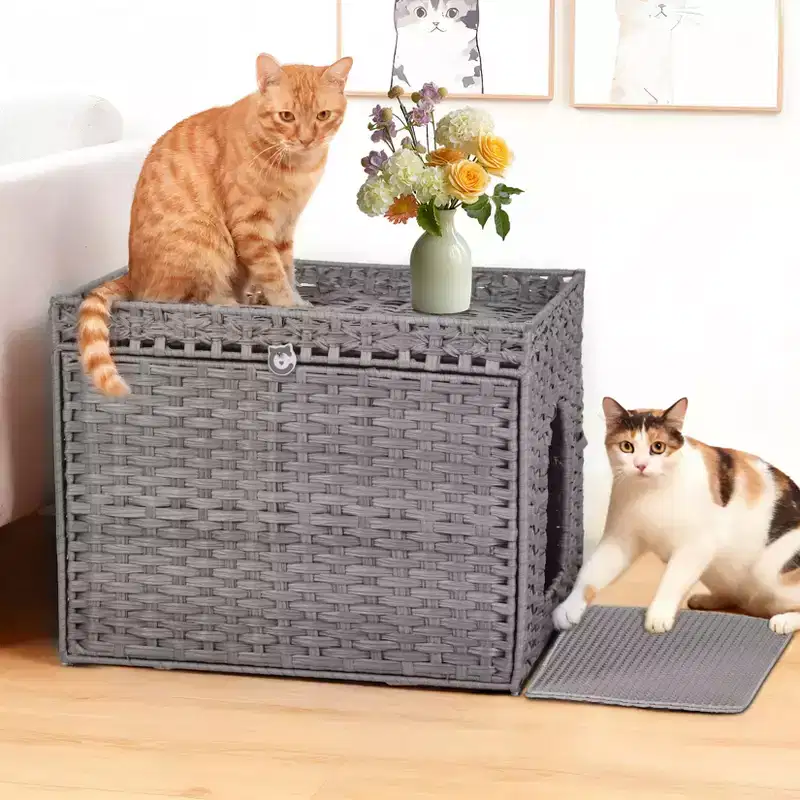Large Rattan Hidden Cat Litter Box Enclosure Cabinet, Indoor Cat Washroom Furniture with Mat & Fence, Stylish Litter Solution for Living Room
