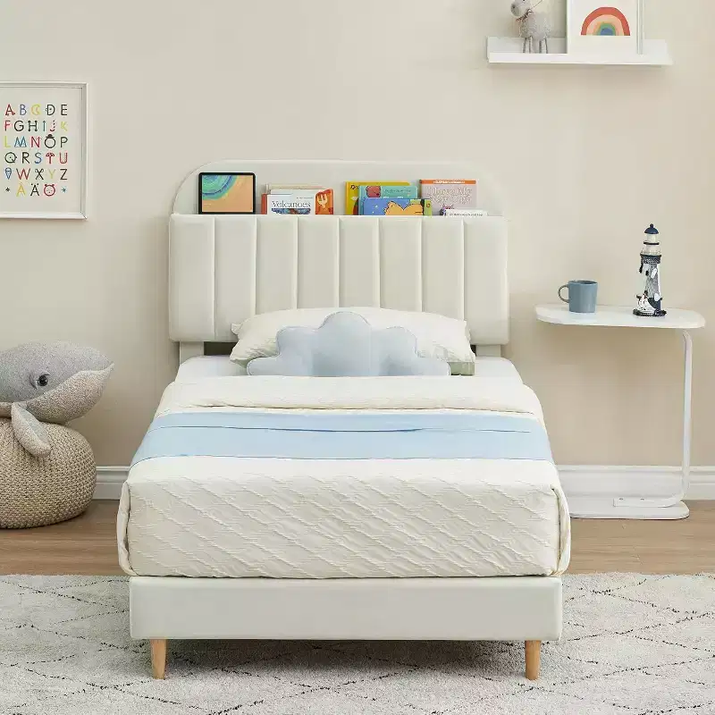 Bed Frame with Storage Headboard, Velvet Upholstered Platform Bed for Kids, Sturdy Wooden Slats, Noise-Free, Easy Assembly, No Box Spring Needed.