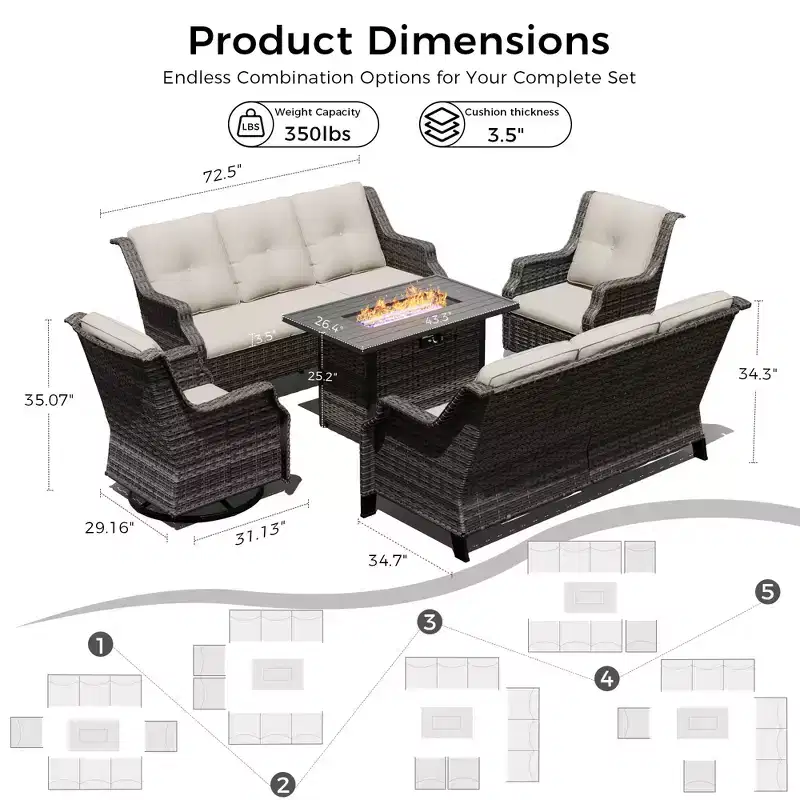 UPTIOT Modular Outdoor Set with Sofas, Rocking Chairs & Fire Pit for Versatile Patio Comfort