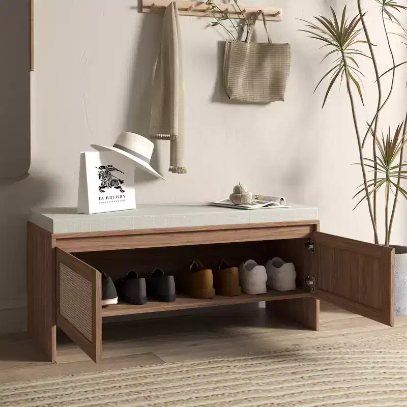 Entryway Shoe Storage Bench with Faux Rattan Doors, Wood Entryway Seat with Cushion, Dust-Proof Shoe Cabinet for Bedroom, Living Room, Brown