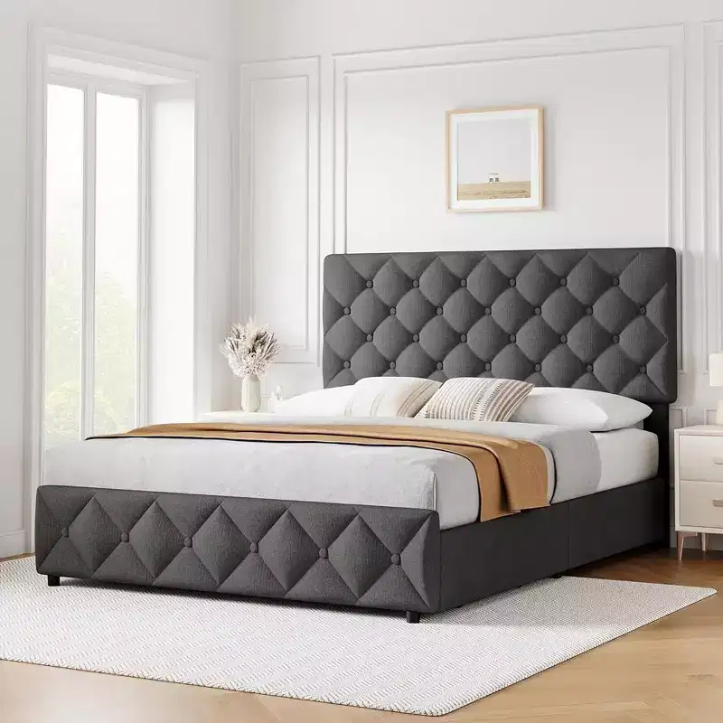 Linen Upholstered Platform Bed Frame With 4 Storage Drawers And Headboard, Diamond Stitched Button Tufted, Gray