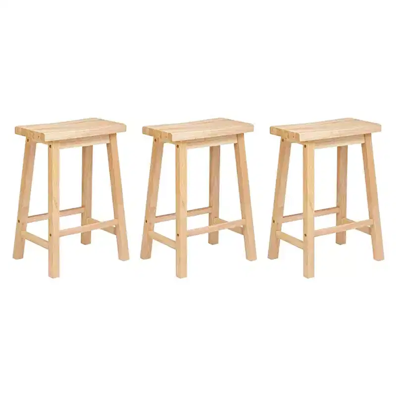 PJ Wood Classic Saddle Seat 24'' Kitchen Bar Counter Stool with Backless Seat & 4 Square Legs, for Homes, Dining Spaces, and Bars, Natural (3 Pack)